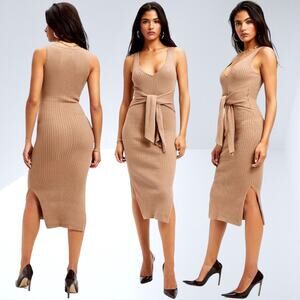 GOOD AMERICAN Rib Tie Waist Midi Dress Taupe Beige Maxi Sexy Cocktail Curvy 4X 7